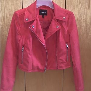 This is a chic, stylish, suede, red jacket/blazer.